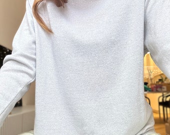 Maille fine argent métallisé vintage aussi, XL // Pull métallisé à col cheminée // Pull à manches longues //