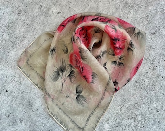 Vintage floral silk scarf // roses // flower print // pink and great // fine silk scarf