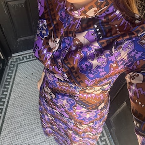 Gorgeous Vi ntage 70a Paisley Kafta, Small // Purple and Brown Mock Neck Maxi Dress // Long Sleeve A Line Dress
