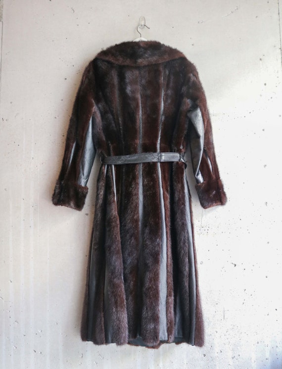 Vintage Striped Leather & Mink Long Jacket, Size … - image 4