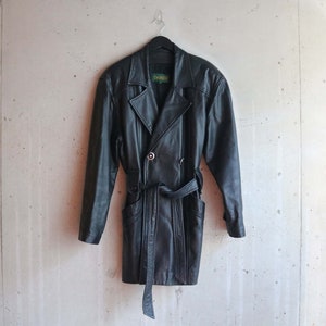 Vintage Danier 90s Leather Trench Coat, Large //  Short Black leather trench // Made in Canada // Y2K