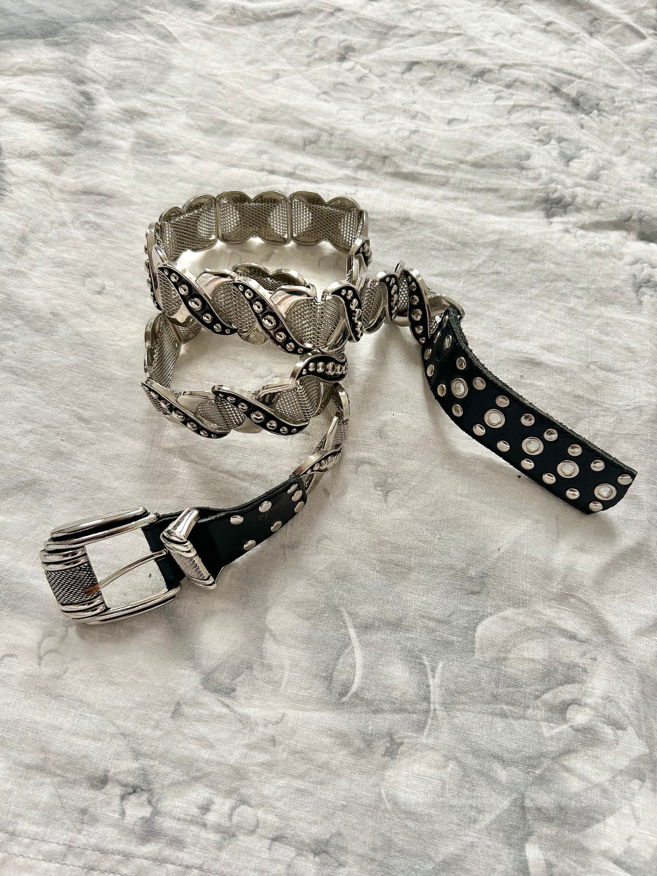 Vintage Silver & Black Metal Belt // Unisex Silver Belt With 