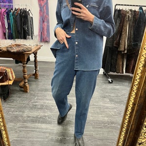 Vintage 90s Simon Chang Denim Shirt & Pant Set, Size 14 // Matching Jean Set // Striped Denim Jacket // Twin Set