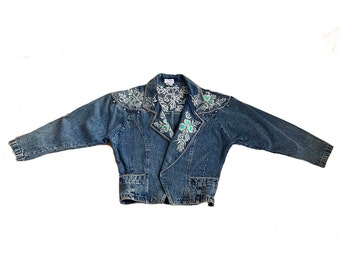 Vintage 80s Embellished Jean Jacket, Size Large // Studded Denim Jacket // Embroidered Western Jacket // Cowboy Moto