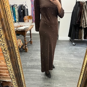 Gorgeous Vintage 70&#39;s Brown Jewelled Maxi Dress, Small/Medium // Long Sleeve Hight Neck Dress // Evening Wear // Gown