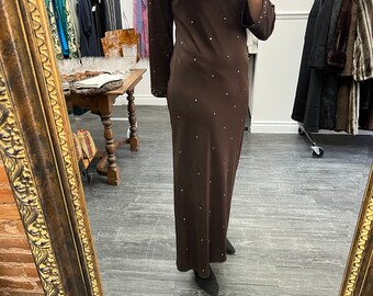 Gorgeous Vintage 70's Brown Jewelled Maxi Dress, Small/Medium // Long Sleeve Hight Neck Dress // Evening Wear // Gown