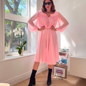 Vintage 60&#39;s Pale Pink Chiffon Midi Dress,iMedium // Long Sleeve Pink Dress // Sheer Pink Flowy Dress  // Wedding Guest