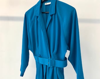 Vintage Teal Belted Wrap Dress, Small/Medium // Chic Blue Trench Dress // MIDI Dress // Apron Dress