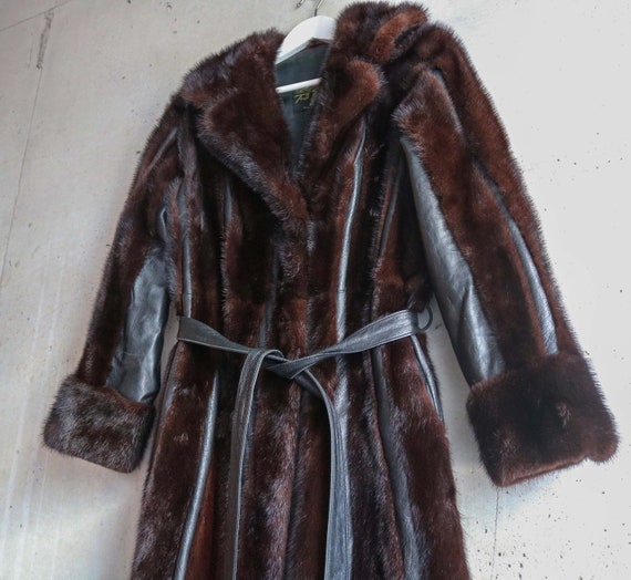 Vintage Striped Leather & Mink Long Jacket, Size … - image 2