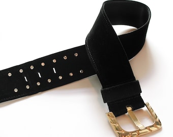 Vintage Fahrenheit New York Black Suede Belt with Gold Rhinestone Buckle Wide V-shaped Black Belt, Embellished Real Suede Leather  main image 3