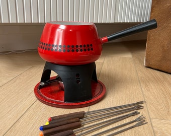 Retro 70s Red and Black Fondue Set // Dining Grill fits // Vintage Cooking Set