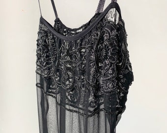 Vintage Sheer Black Beaded Slip, XS/Small // Vintage Lingerie // Hand Made // Mesh Night Gown // Nighty