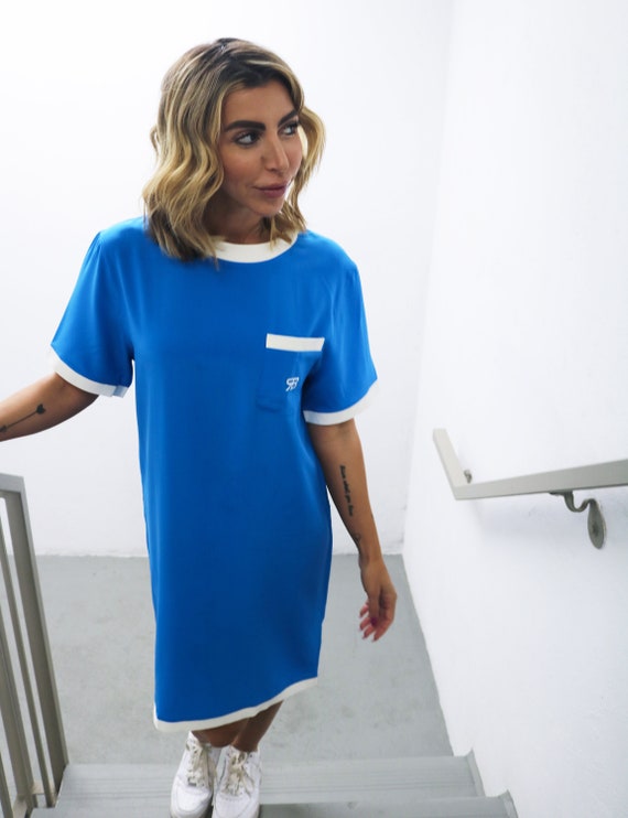 blue silk shift dress