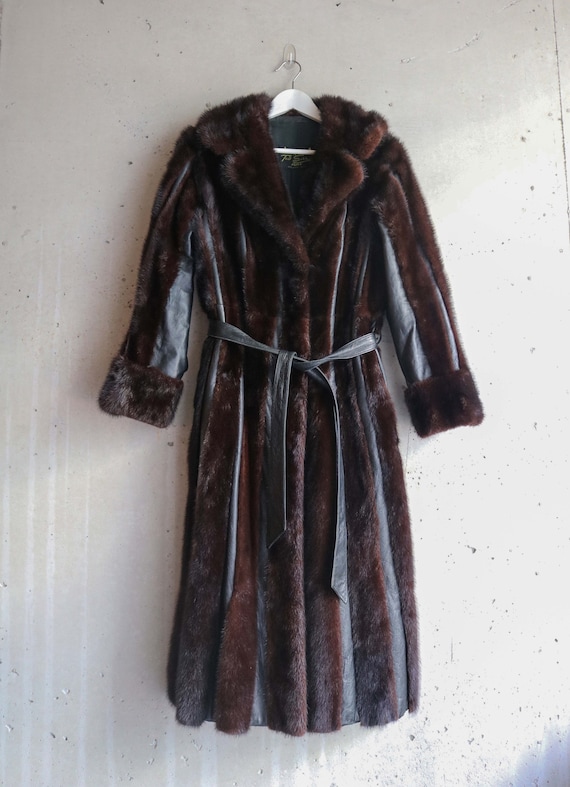 Vintage Striped Leather & Mink Long Jacket, Size … - image 3