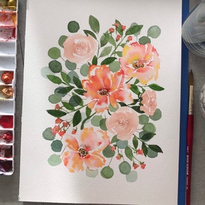 Peachy Poppies Watercolor Print • 8x10” • Print of an Original Painting, Fine Art Print, Floral Painting, Poppies, Eucalyptus and Roses Art