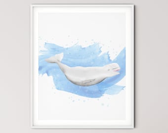 Happy Beluga Blue Nursery Print Printable Watercolor Belugas Whale Posters Kids Bedroom Bathroom Art BEPR01