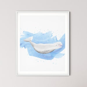 Happy Beluga Blue Nursery Print Printable Watercolor Belugas Whale Posters Kids Bedroom Bathroom Art BEPR01