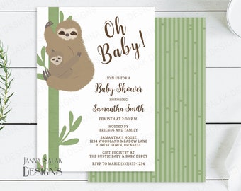 Sloth Baby Shower Invitation Template Green Bamboo 5x7 Invite DIY Printable with Editable Text SL01