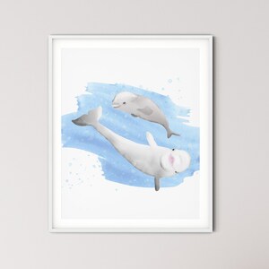 Beluga Mom and Baby Nursery Print Printable Blue Watercolor Belugas Whale Posters Kids Bedroom Bathroom Art BEPR01
