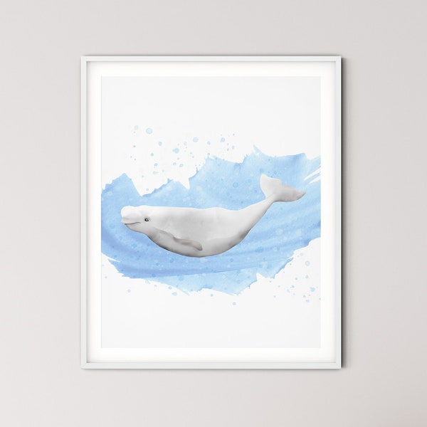 Beluga Whale Nursery Print Printable Blue Ocean Watercolor Belugas Whale Posters Kids Bedroom Bathroom Art BEPR01