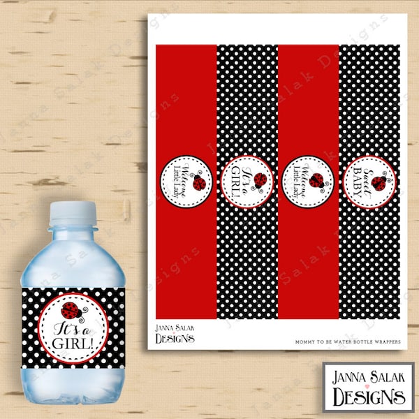 Ladybug Baby Shower Water Bottle Labels Red and Black Polka Dot Printable INSTANT DOWNLOAD LB01