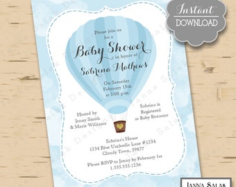 May include: A blue and white baby shower invitation featuring a hot air balloon graphic. The invitation reads "Please join us for a Baby Shower in honour of Sabrina Mathews" and includes details about the event, including the date, time, and location. The invitation also includes the text "Sabrina is Registered at Baby Bonanza".