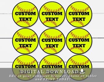 Étiquettes imprimables pour décoration de cupcakes Softball de 2,5 po. avec texte modifiable Noms personnalisés Modèle DIY