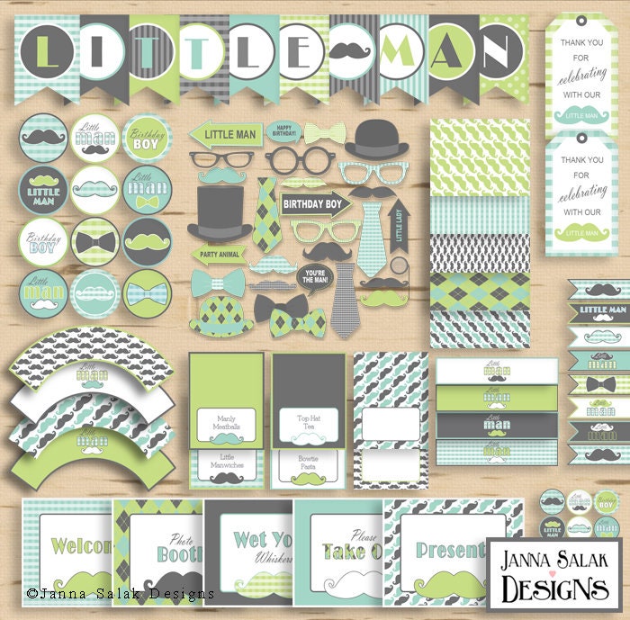 Little Man Birthday PRINTABLE Party Package Decorations Green | Etsy