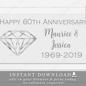 Diamond Wedding Anniversary Printable Banner 4&#39; x 2&#39; Editable Text DIY Digital Template