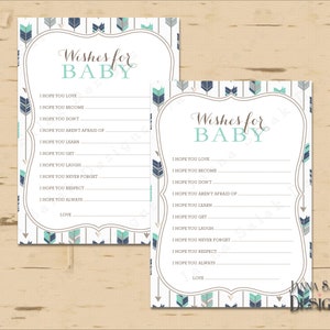 Tribal Baby Shower Game Wishes For Baby Activity Arrows Feathers Boy Navy Teal Green and Gray DIY INSTANT DOWNLOAD Pdf TR005