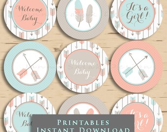 Tribal Arrow Baby Shower Cupcake Toppers - C'est une fille - Rose Gris et Bleu DIY Imprimable TÉLÉCHARGEMENT INSTANTANÉ TR001