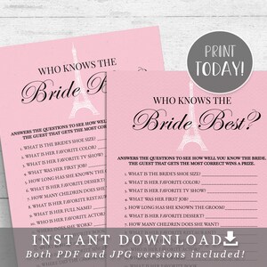 Paris Bridal Shower Who Knows The Bride Best? Printable - Pink and Black DIY INSTANT DOWNLOAD Pdf PA02