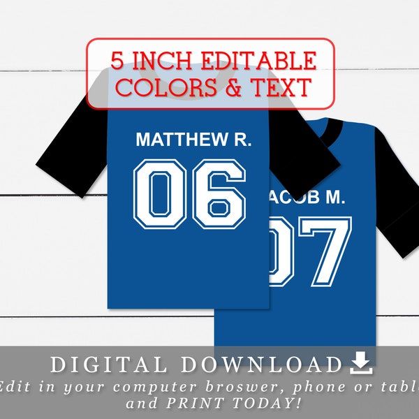 5" Soccer Jersey Tags With Editable Names Numbers and Colors DIY Template