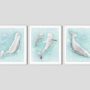 Beluga Whale Nursery Prints: Watercolor Kids Bathroom Art (Set of 3) (Digital Download)