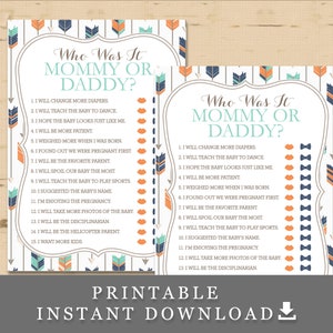 Tribal Baby Shower Games - Who Was It Mommy or Daddy? - Feathers Boy Navy Orange Green DIY INSTANT DOWNLOAD Pdf TR003