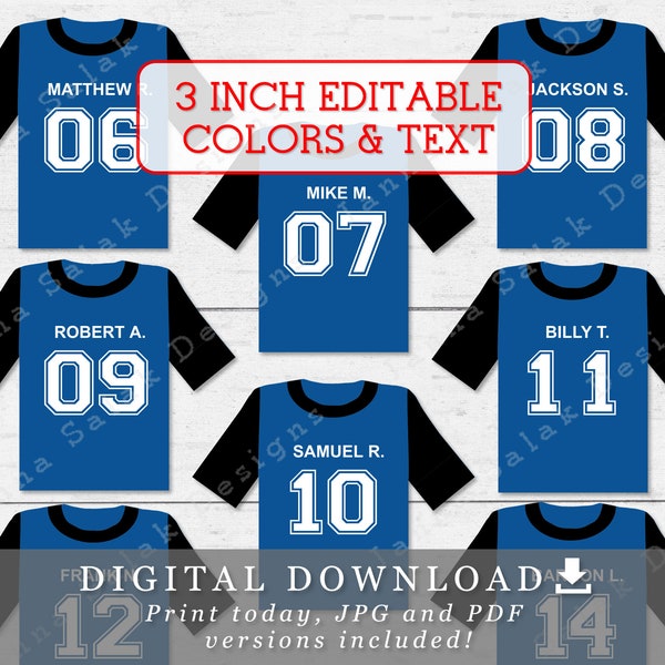 3" Soccer Jersey Tags With Editable Names Numbers and Colors DIY Template