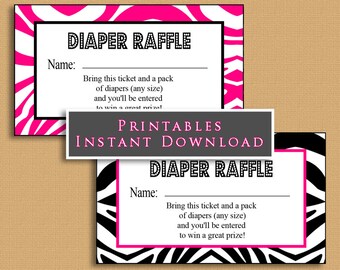 Hot Pink Zebra luier loterij tickets INSTANT DOWNLOAD afdrukbare loterij tickets DIY baby shower roze en zwart