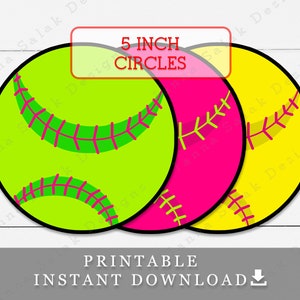 5&quot; Softball Pink Green Yellow Printable Cupcake Toppers Sports Theme Birthday Party DIY Printable INSTANT DOWNLOAD