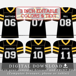 Etiquetas para camisetas de fútbol de 3" con nombres, números y colores editables, plantilla para hacer tú mismo