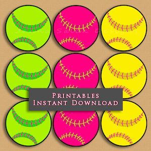 2.5&quot; Softball Pink Green Yellow Printable Cupcake Toppers Sports Theme Birthday Party DIY Printable INSTANT DOWNLOAD