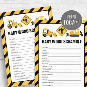 Construction Baby Shower Word Scramble Game Printable INSTANT DOWNLOAD CN01