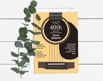 May include: A yellow and brown guitar-shaped invitation for a 40th birthday party for Jason Simpson. The invitation includes the date, time, RSVP information, and location of the party. The text reads "Please join us for a 40th Birthday Party Honoring Jason Simpson, Saturday, August 30th at 7:00 PM, RSVP to Jennifer by August 16th, 555.555.1223, Blue Tower Restaurant, 1425 Main Road, Suite #255, Guitar Town, 93566."