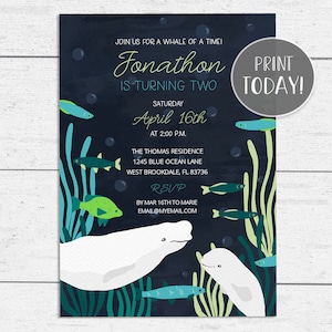 Beluga-Wal-Geburtstagsparty-Einladungsvorlage 5x7 Wal-Einladung DIY zum Ausdrucken mit bearbeitbarem Text BL02