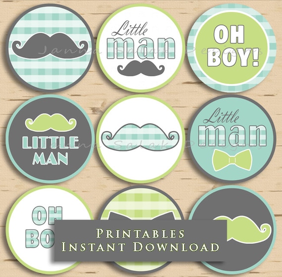 Little Man Baby Shower Cupcake Toppers Mustache Party Blue Green.