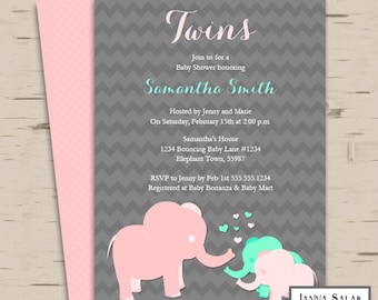 May include: A gray and pink baby shower invitation with a chevron pattern. The invitation features two elephants, one pink and one turquoise, holding hearts. The text reads "Twins" and "Samantha Smith".