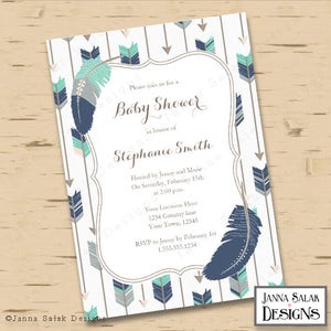 Tribal Arrow Feather Baby Shower Invitation You Edit - Boho Navy Teal Grey DIY INSTANT DOWNLOAD Editable Pdf TR005