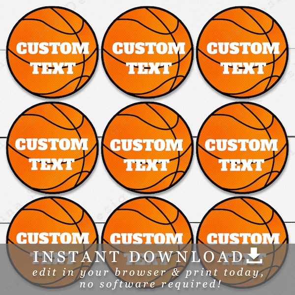 6,5 cm Basketball druckbare Cupcake Toppers / Tags mit Text DIY Vorlage