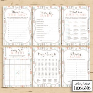 Tribal Baby Shower 6 Games Package Boho Arrows and Feathers Girl Pink Blue DIY INSTANT DOWNLOAD Pdf TR001