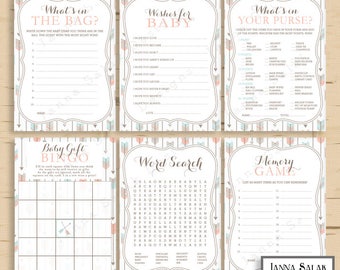 Tribal Baby Shower 6 Games Package Boho Arrows and Feathers Girl Pink Blue DIY INSTANT DOWNLOAD Pdf TR001