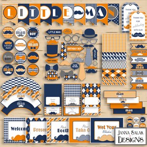 May include: A set of printable party decorations in orange, blue and white with a "Little Man" theme. The set includes banners, cupcake toppers, food labels and photo booth props.